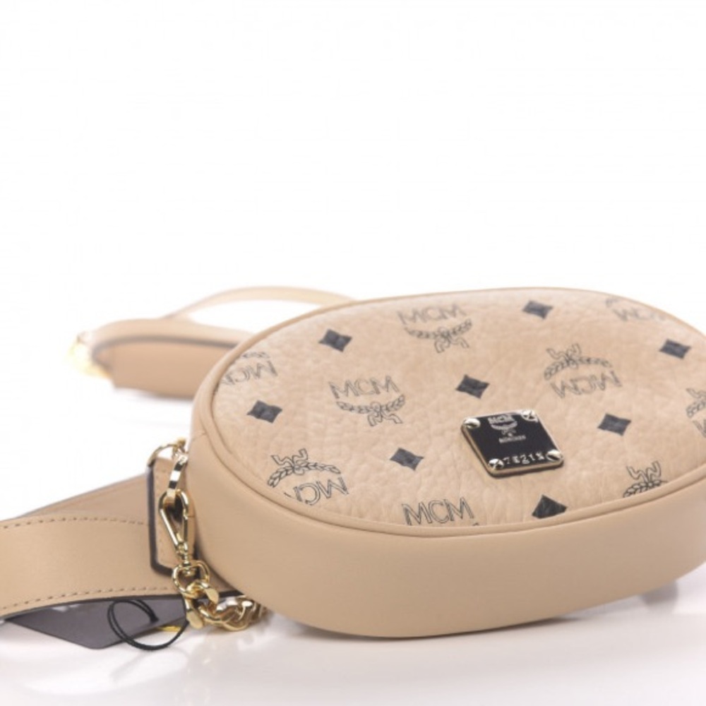 Authentic MCM Small Essential Belt Bag Purse 3 Way Cream Beige Gold Hardware
